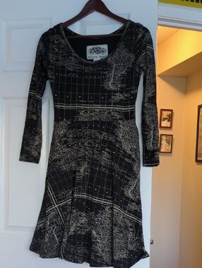 Effie's Heart Black Long-Sleeve Map-Print Fit & Flare Dress